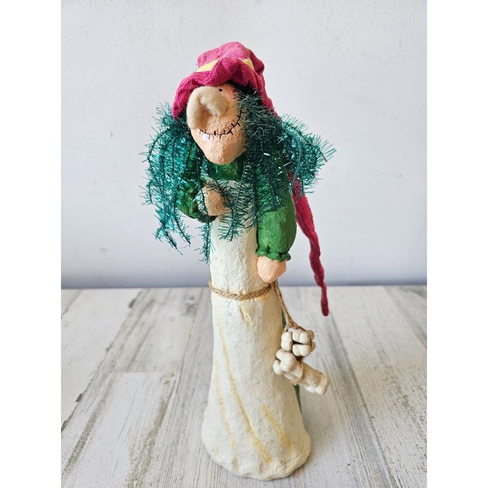 Vintage paper mache witch bone‎ statue figurine shabby chic hat